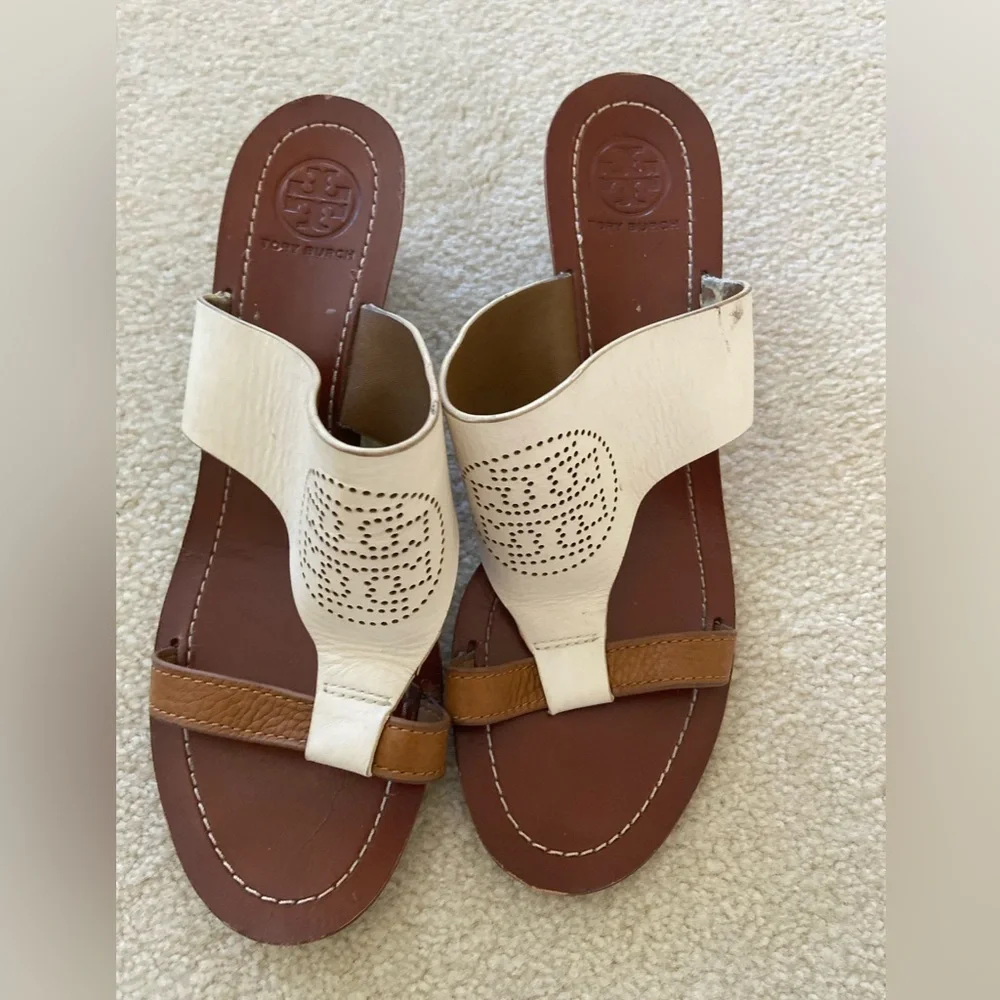 Tory Burch Two Tone Perforated Logo Mid wedge size 7.5, gentle worn